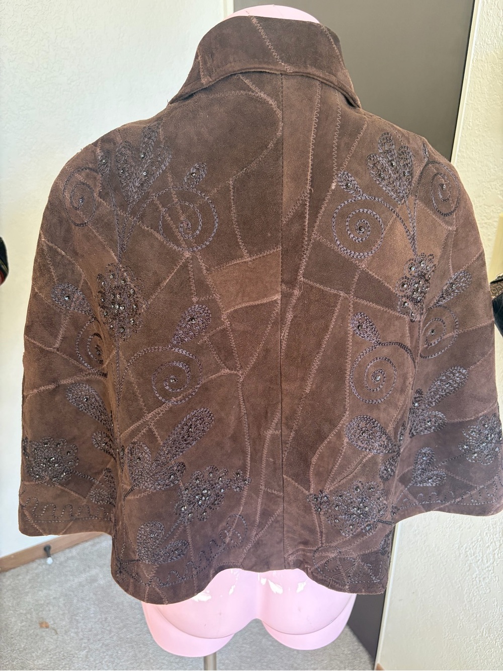 Women's Brown Beaded Suede cape/poncho - Picture 3 of 5